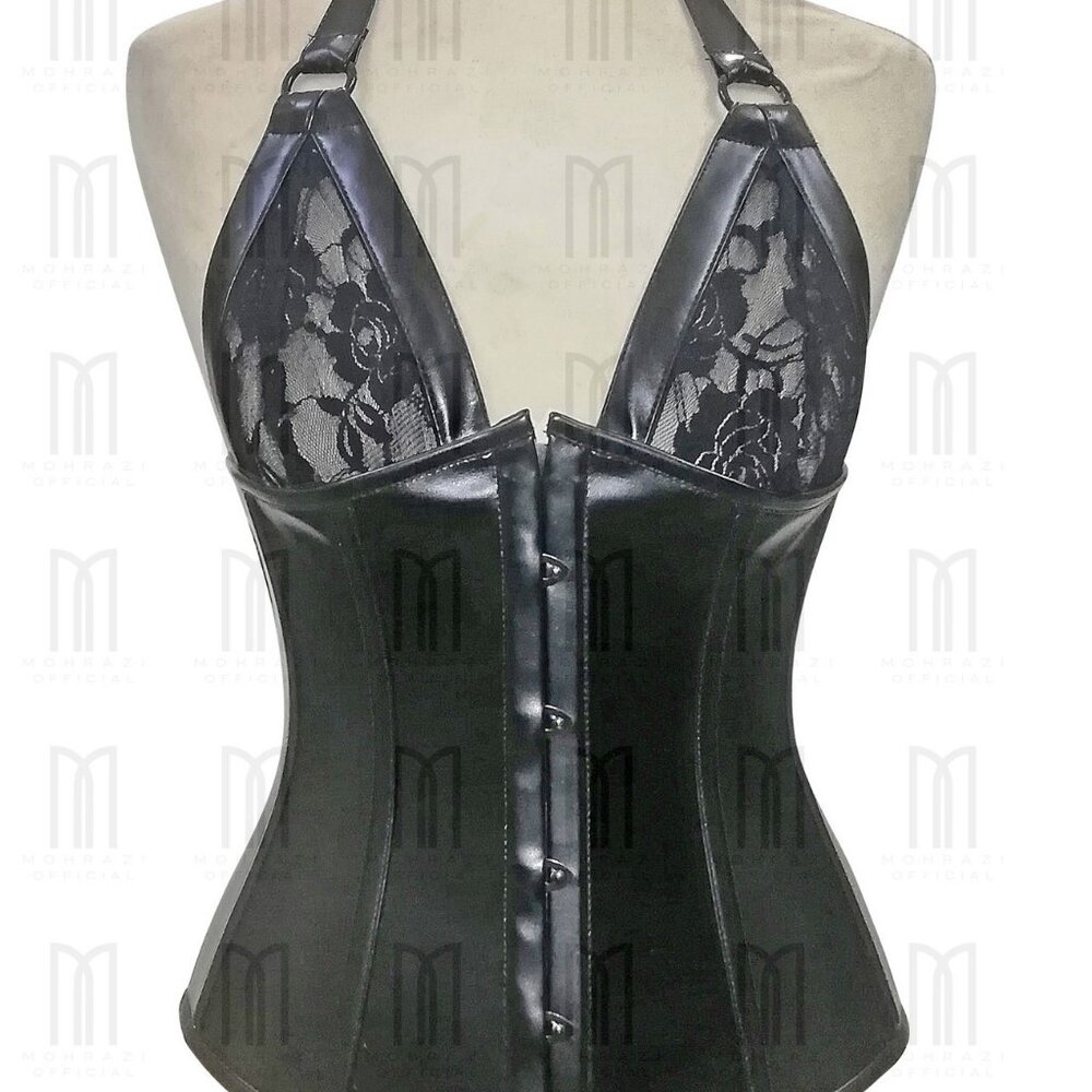 Fullbust Sheer Lace Bra Top with Faux Leather Halter Neck Corset